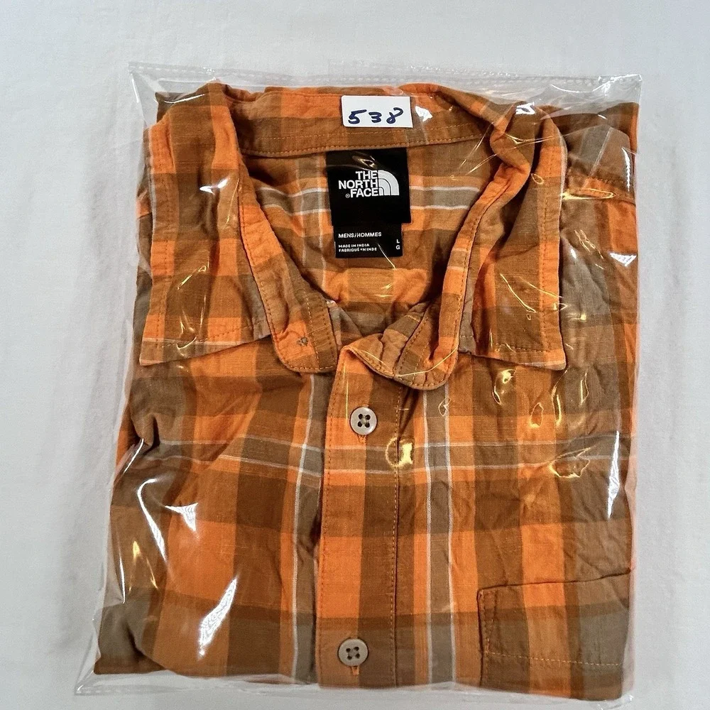 The North Face Short Sleeve Shirt Men Size Large Brown Orange Plaid Button Up